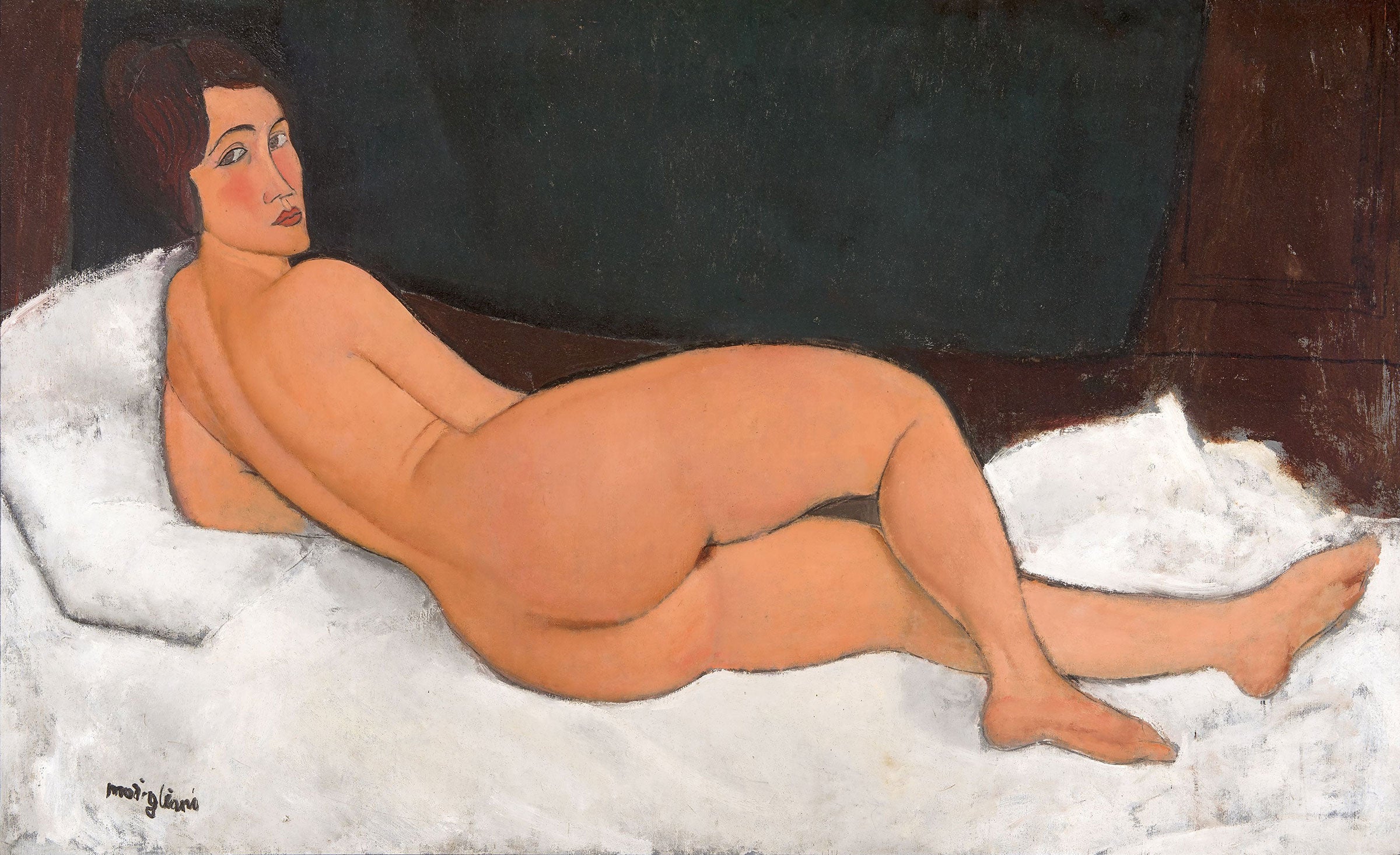 A wider canvas than Modigliani's other nudes, showing a woman reclining on her left side with her whole figure, head to feet, held within the frame. It is the only one of his horizontal nudes to do so.