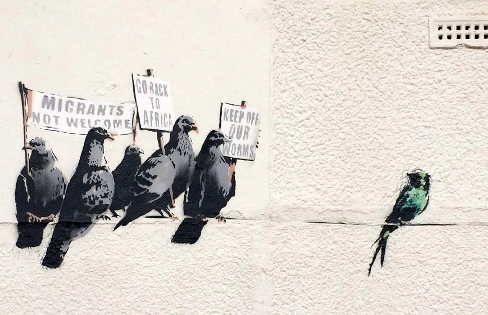 Banksy: Clacton-on-Sea mural Mural by Banksy at Clacton-on-Sea, Essex, England, 2014. It was removed by the council following complaints that it was racist.