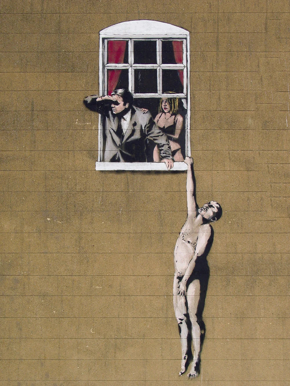 Banksy: Well Hung Lover (2006), mural by Banksy in Bristol, England; the blue paint was added by vandals.