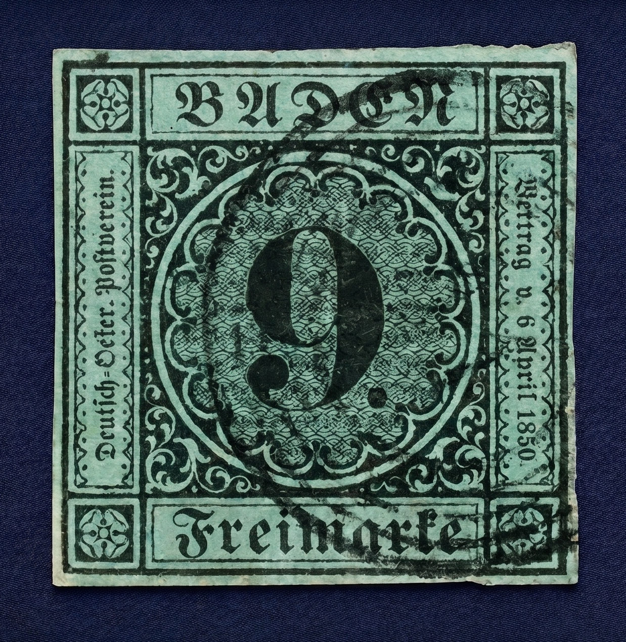 Baden's 1851 nine-kreuzer colour error, printed in green instead of pink