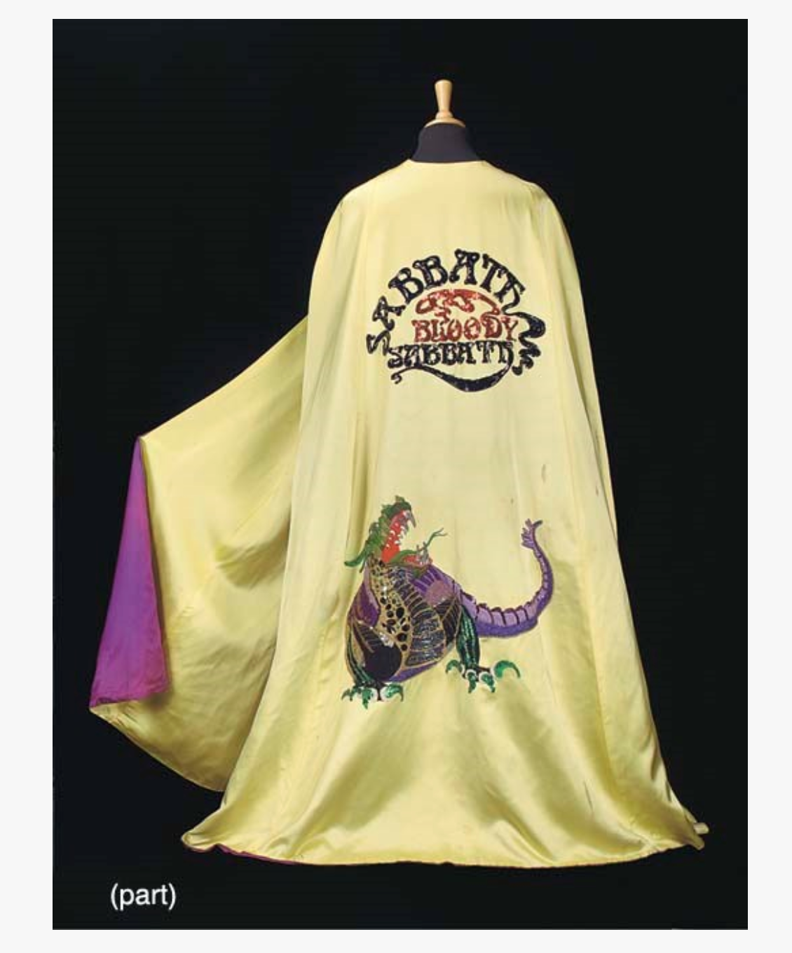 Black Sabbath yellow and purple satin stage cape with embroidered dragon