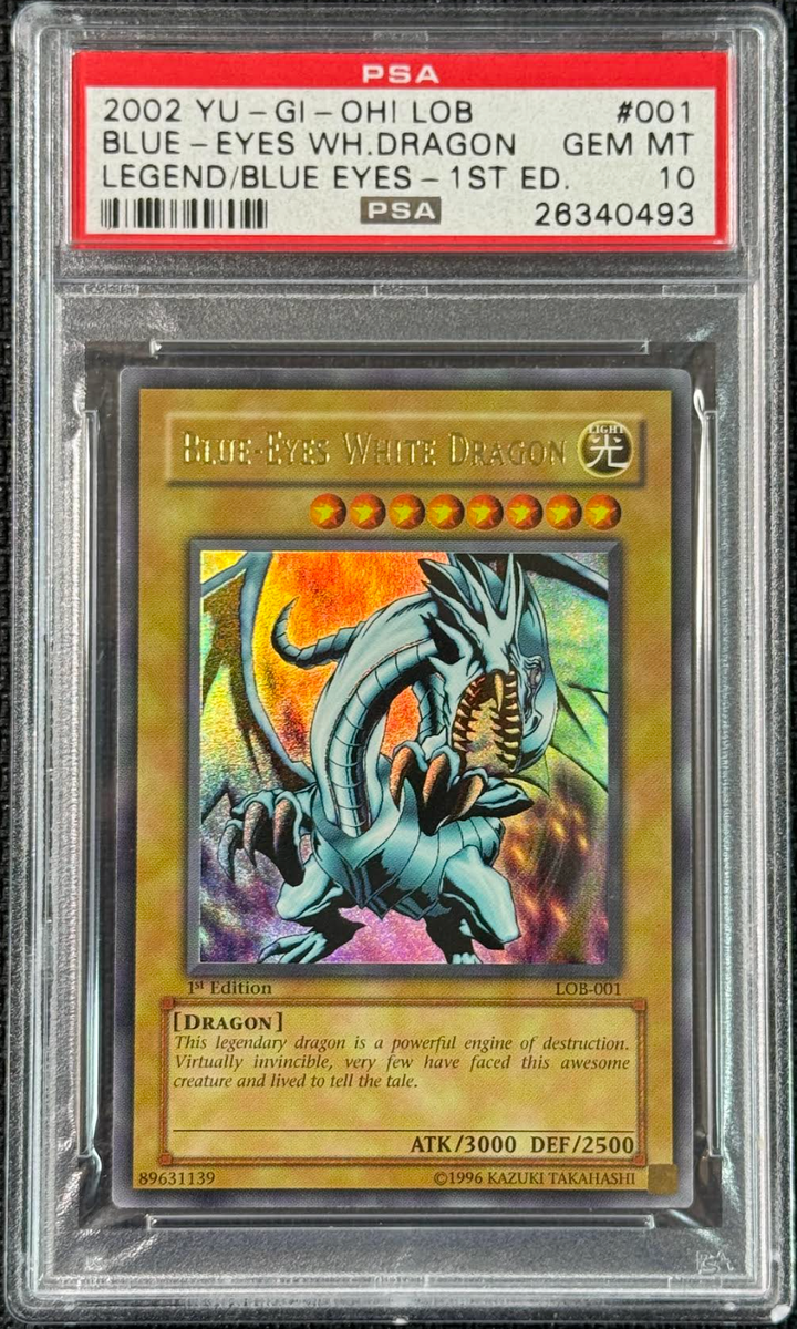 Blue-Eyes White Dragon, 1st Edition LOB-001, graded PSA 10 Gem Mint