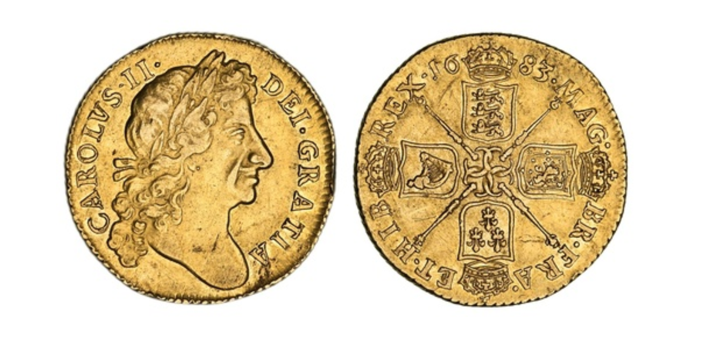 Struck in 1683, this Charles II Gold Guinea (8.31g) features the monarch's fourth laureate bust and crowned cruciform shields on the reverse. While it shows a small reverse scratch and minor edge bruising, it retains a pleasing peripheral lustre, earning a solid Very Fine grade for what is a notoriously difficult numismatic series (S.3344).