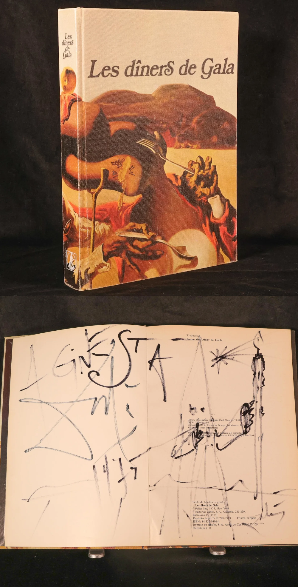 Les Diners de Gala cookbook open to signed endpaper and original drawing