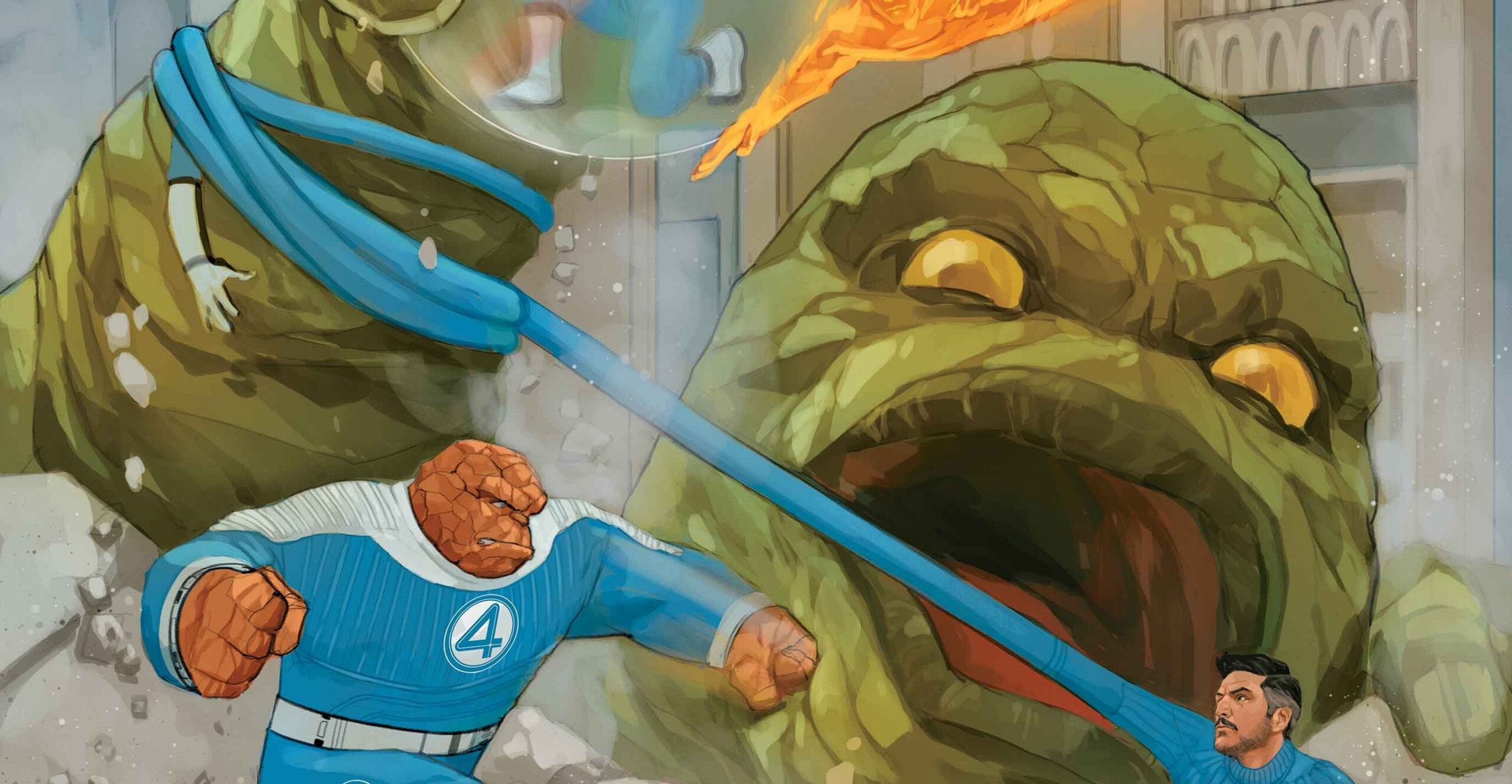 A fight scene in which The Thing and Mr Fantastic fight against a monster.