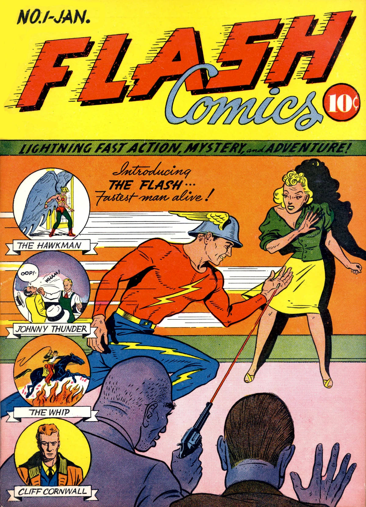 Sheldon Moldoff original cover artwork for Flash Comics #1 showing the Flash in motion with speed lines