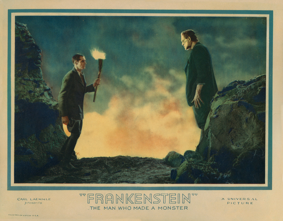 Coloured lobby card for Frankenstein, featuring Colin Clive and Boris Karloff.