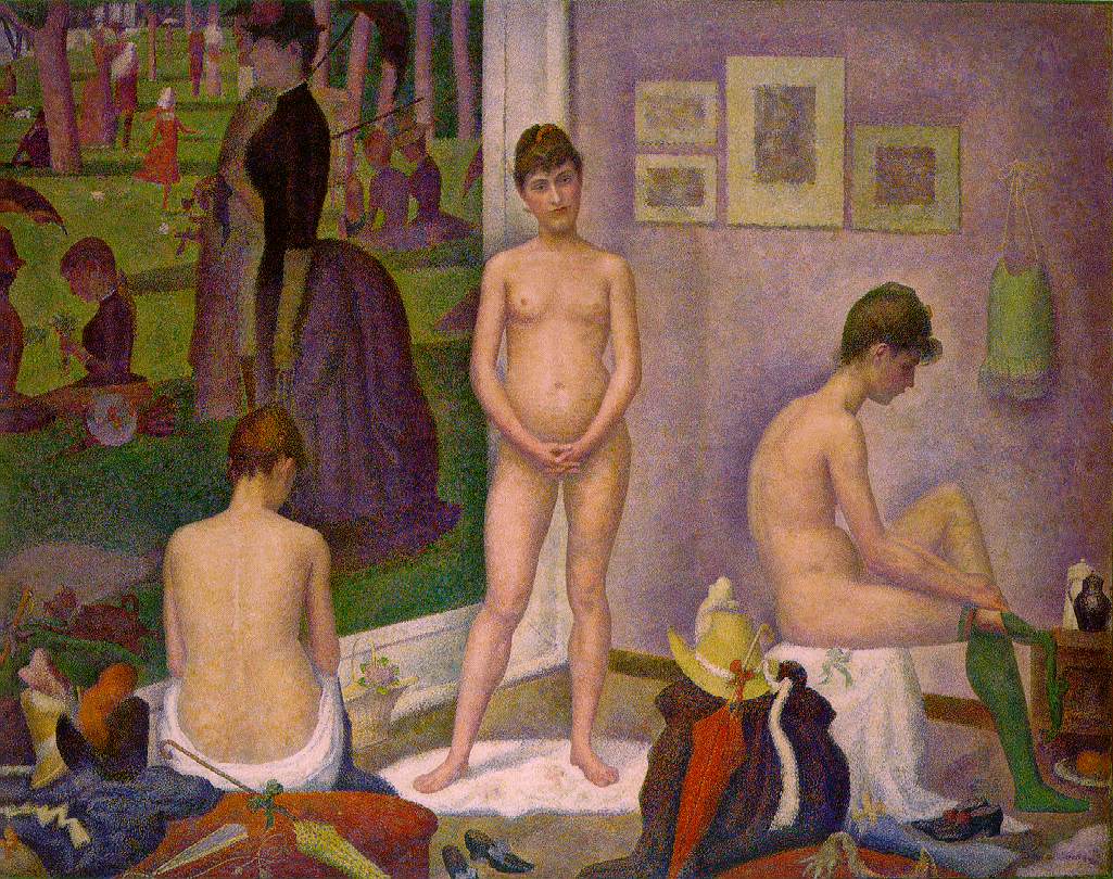Three studies of the same nude model in different poses inside the artist's studio, built from thousands of small dots of colour in Seurat's Pointillist technique. On the studio wall behind her hangs a rendering of his own masterpiece, A Sunday Afternoon on the Island of La Grande Jatte.