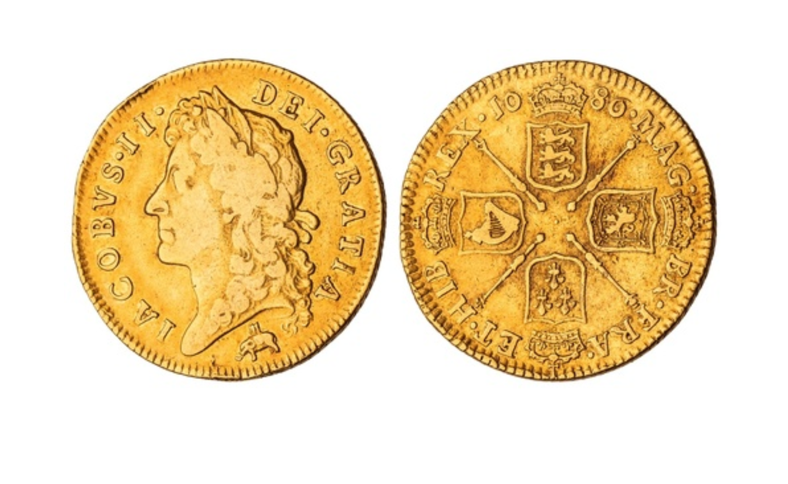 Struck in 1686, this exceptionally rare James II Gold Guinea (8.30g) bears the famous "Elephant and Castle" hallmark beneath the monarch's first laureate head facing left.