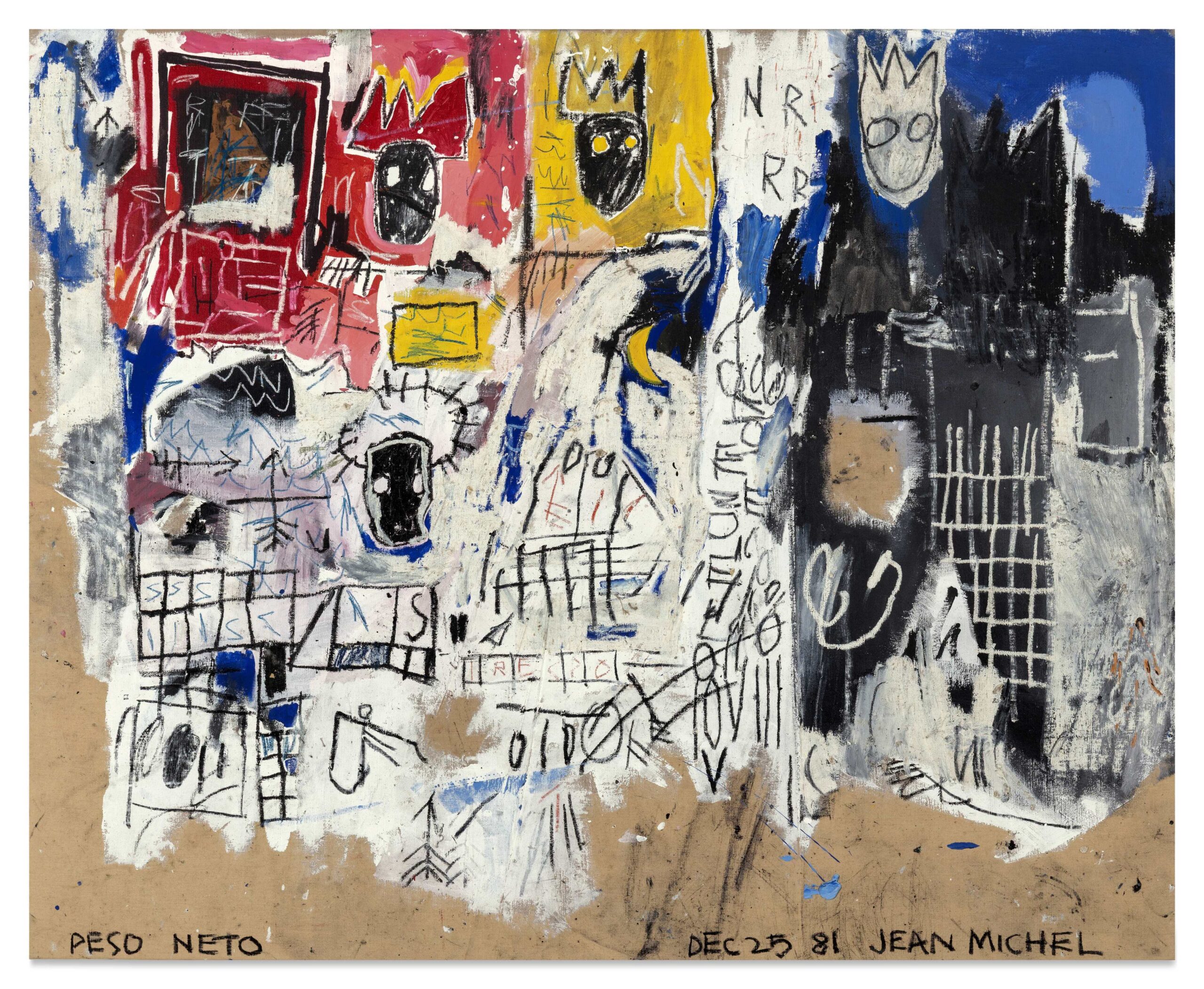 Jean-Michel Basquiat, Crowns (Peso Neto), demonstrating his characteristic crown motif and layered text