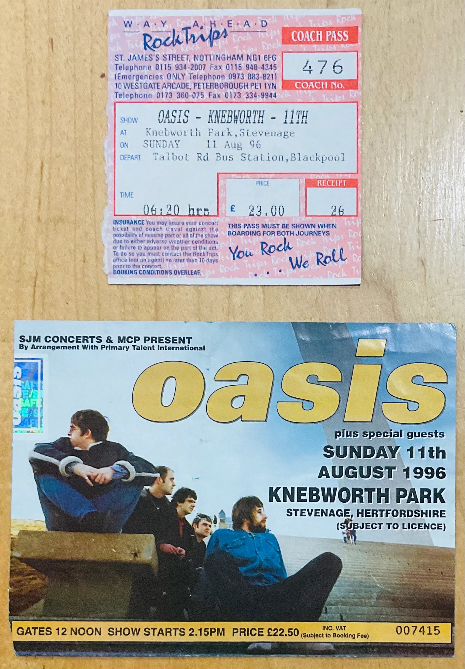 Original Knebworth 1996 concert memorabilia including tickets and backstage passes