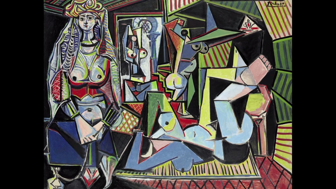 A Cubist reworking of Delacroix's harem scene, its reclining women rendered in bold, fragmented colour typical of late Picasso. It is the final and largest of the fifteen canvases he painted in the series between 1954 and 1955.
