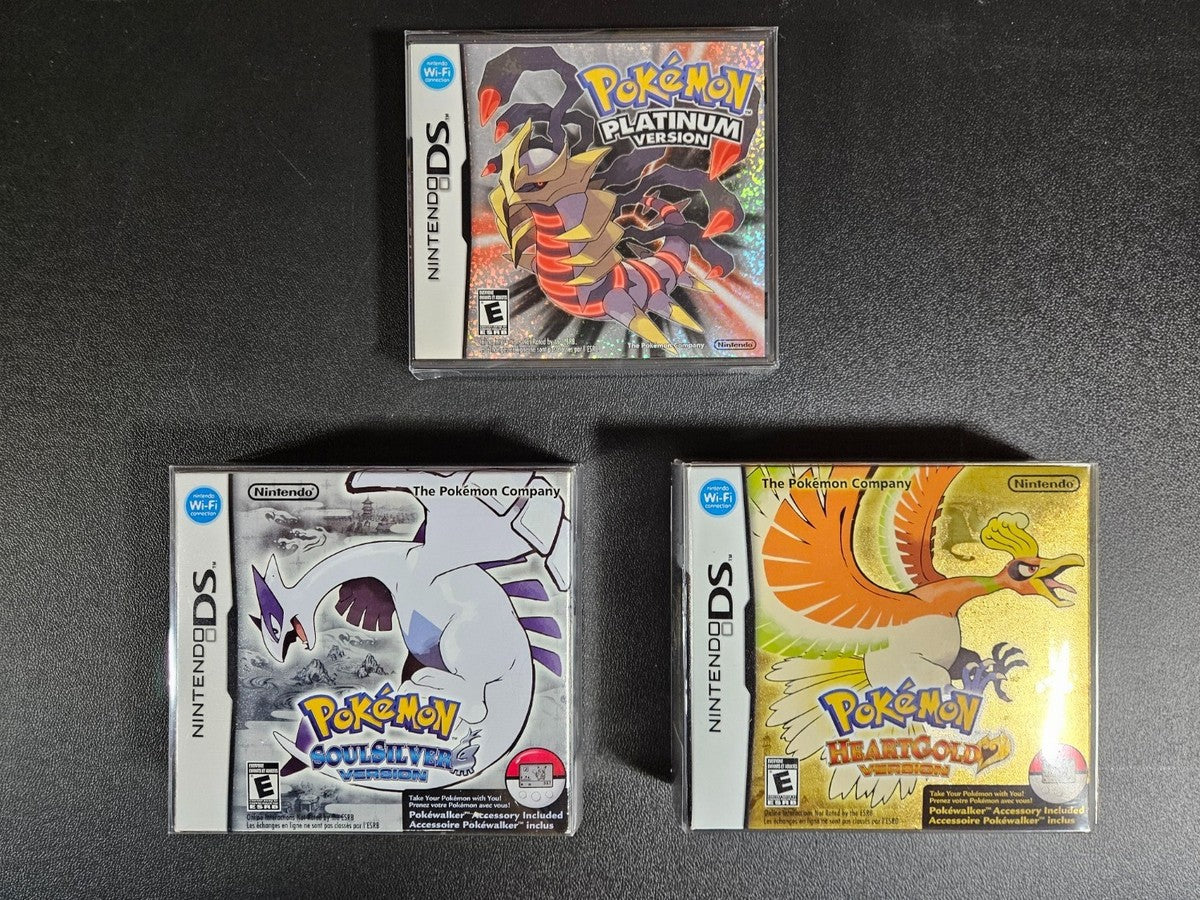 Pokémon HeartGold and SoulSilver Nintendo DS retail boxes with Pokéwalker accessories