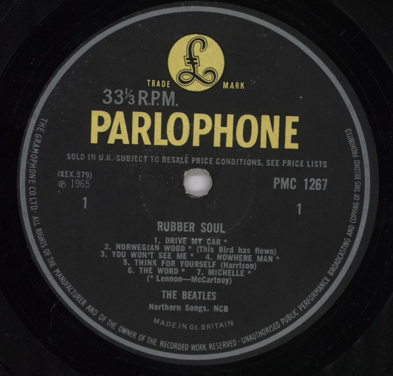 Rubber Soul mono vinyl record on the Parlophone label with matrix stamping