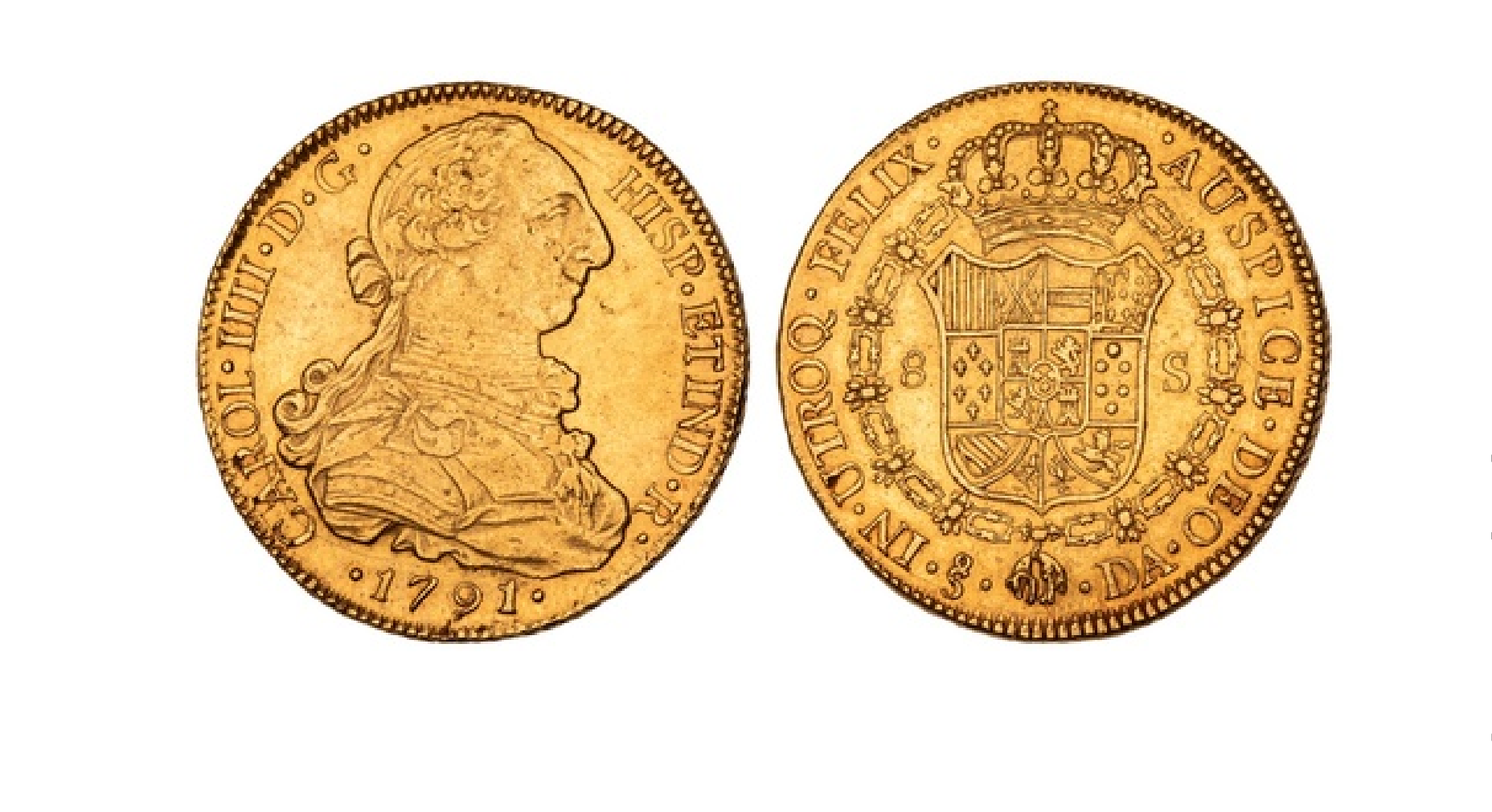 Struck in 1791 at the Santiago mint in present-day Chile, this substantial gold 8-Escudos (26.97g) was issued during the reign of King Charles IV of the Spanish Empire. The obverse features the monarch's draped and cuirassed bust facing right, while the reverse displays a crowned shield enclosed in a Garter, finished with an obliquely milled edge. Catalogued as KM 54 and Fb. 23 (12h), this hefty coin, often known as a doubloon, was minted under the Viceroyalty of Peru and serves as a tangible artefact of Spain's immense colonial wealth. Massive gold pieces like this were the absolute lifeblood of global commerce in the late 18th century, circulating widely across international trade routes just decades before the Spanish American wars of independence would reshape the continent.