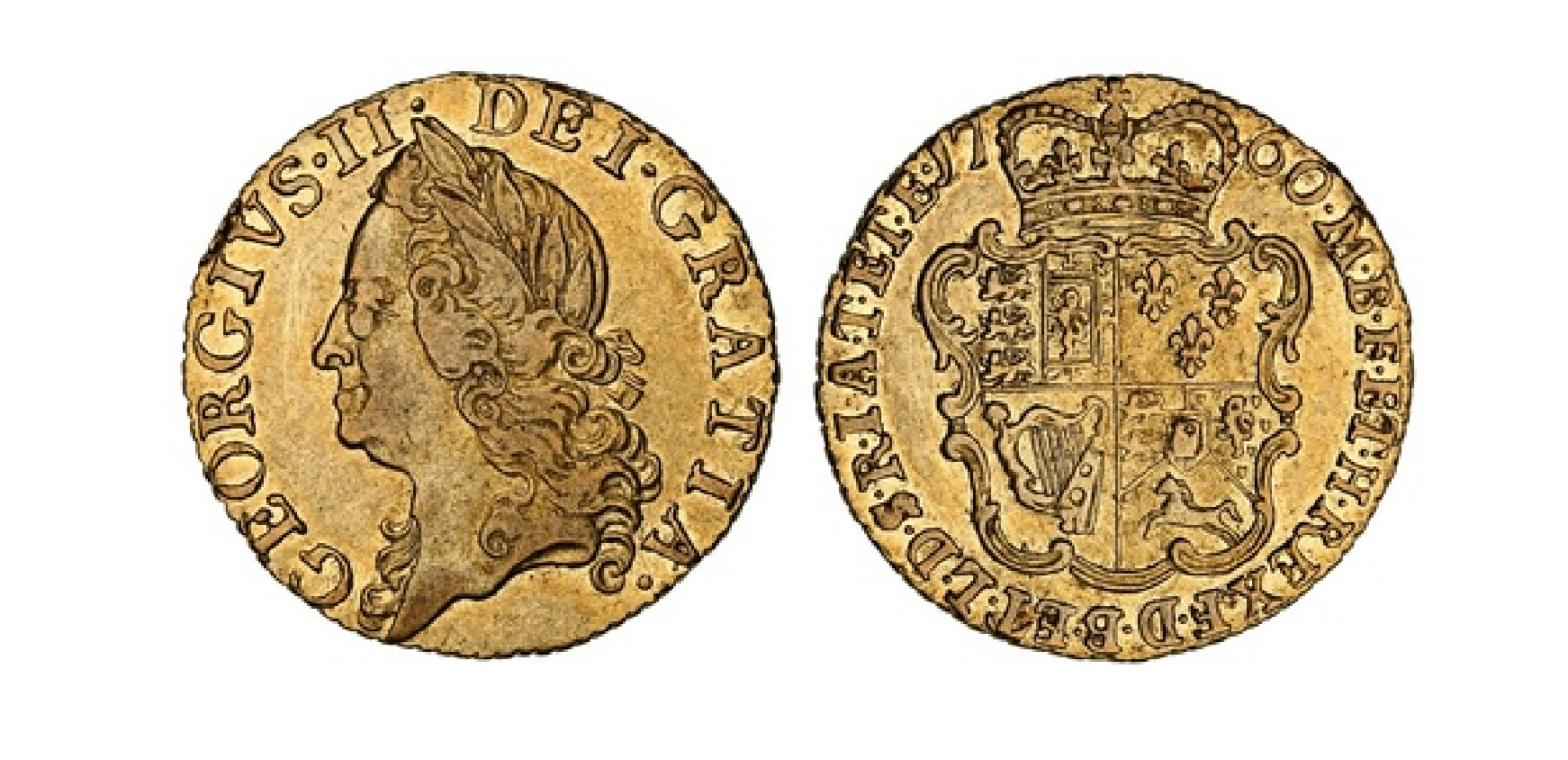 Struck in 1760, this George II "Old Head" Half-Guinea (4.15g) represents the final year of issue for this specific type. The obverse features the aging monarch's laureate head facing left, while the reverse displays a crowned garnished shield with seven strings to the harp, finished with an obliquely milled edge. Catalogued as MCE 366, EGC I 662, and S.3685, the coin grades a solid Very Fine; although it exhibits a light scratch before the bust and some softness to the tops of the devices, it still retains a pleasing underlying lustre. Minted at the twilight of George II's reign, the piece is a relic of an era defined by significant territorial expansion and escalating imperial conflict in the Americas. Decades earlier in 1732, the King had granted a charter to James Oglethorpe to found Georgia—the last of the original Thirteen Colonies—conceived both as a strategic military buffer against Spanish Florida and as a new-world refuge for England's "worthy poor" and debtors.