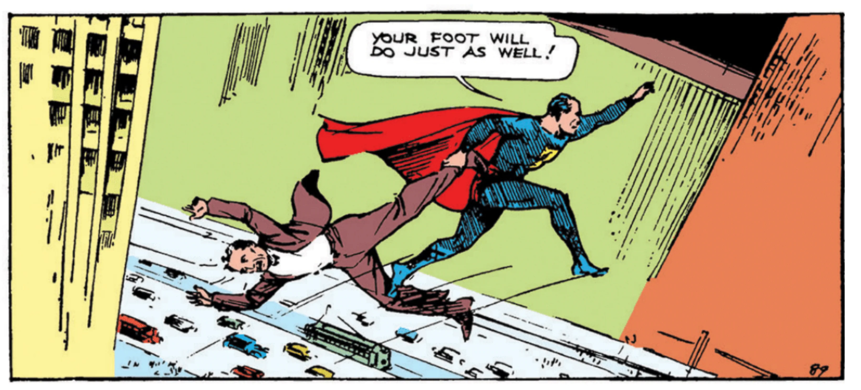A panel from Action Comics 1 depicting Superman holding a man by his foot