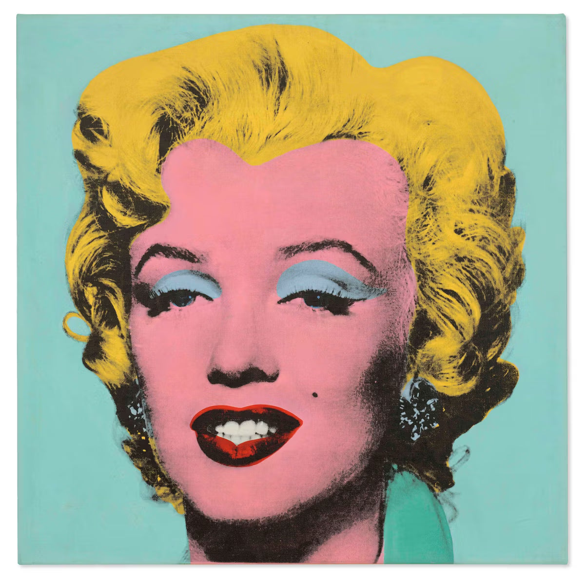 A close-cropped silkscreen of Marilyn Monroe's face, her hair rendered in yellow, her eyeshadow in blue and her lips in red, set against a sage-blue background. It is one of five colour variants Warhol made from the same 1953 publicity still, this one named for a bullet hole put through the canvas in his studio.