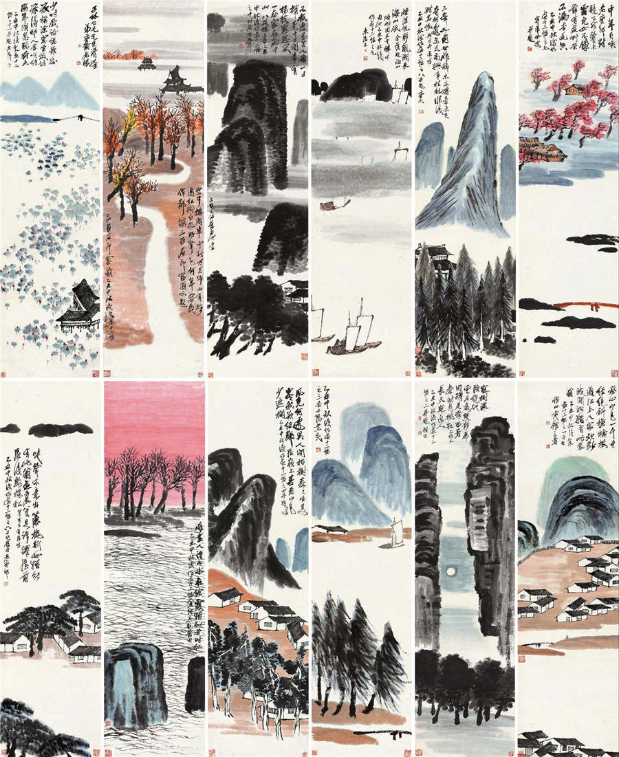 Twelve tall ink-brush scrolls, each around 1.8 metres high, depicting misty mountains, rivers, cottages and sails across the four seasons. Qi gave the complete set to a Beijing physician friend as a birthday gift in 1925.