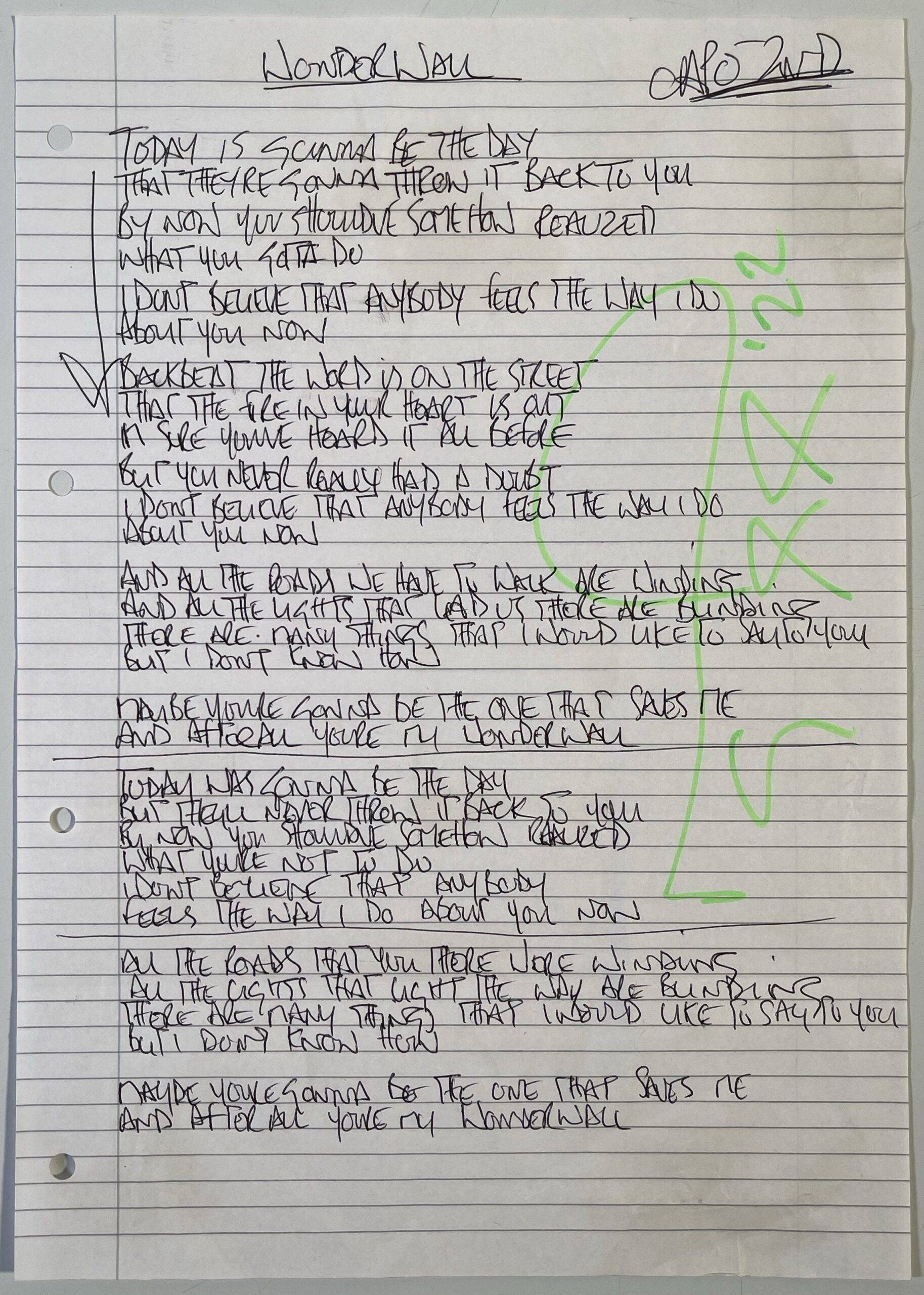 Original handwritten working lyrics and notes for the song Wonderwall