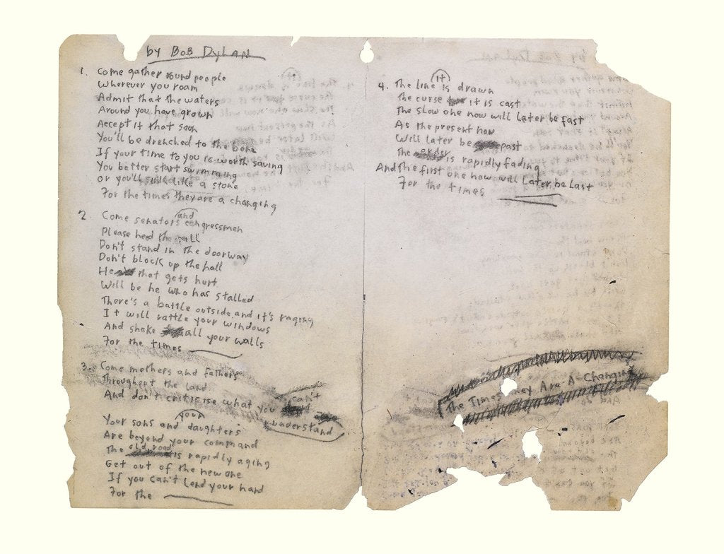 Original handwritten song lyrics for The Times They Are A-Changin' by Bob Dylan