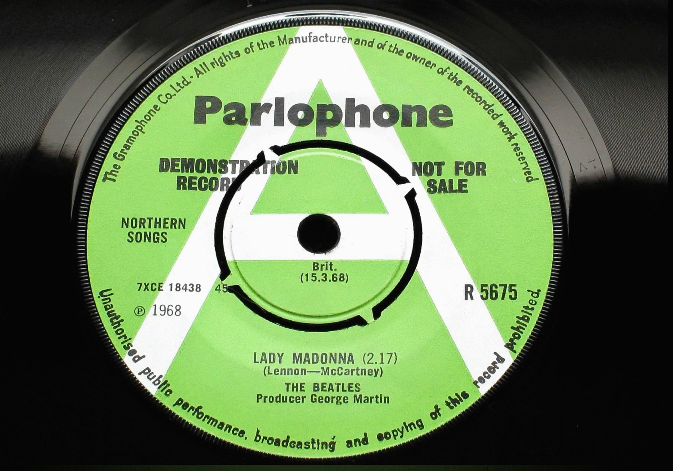 UK green-and-white Parlophone demonstration record label by The Beatles
