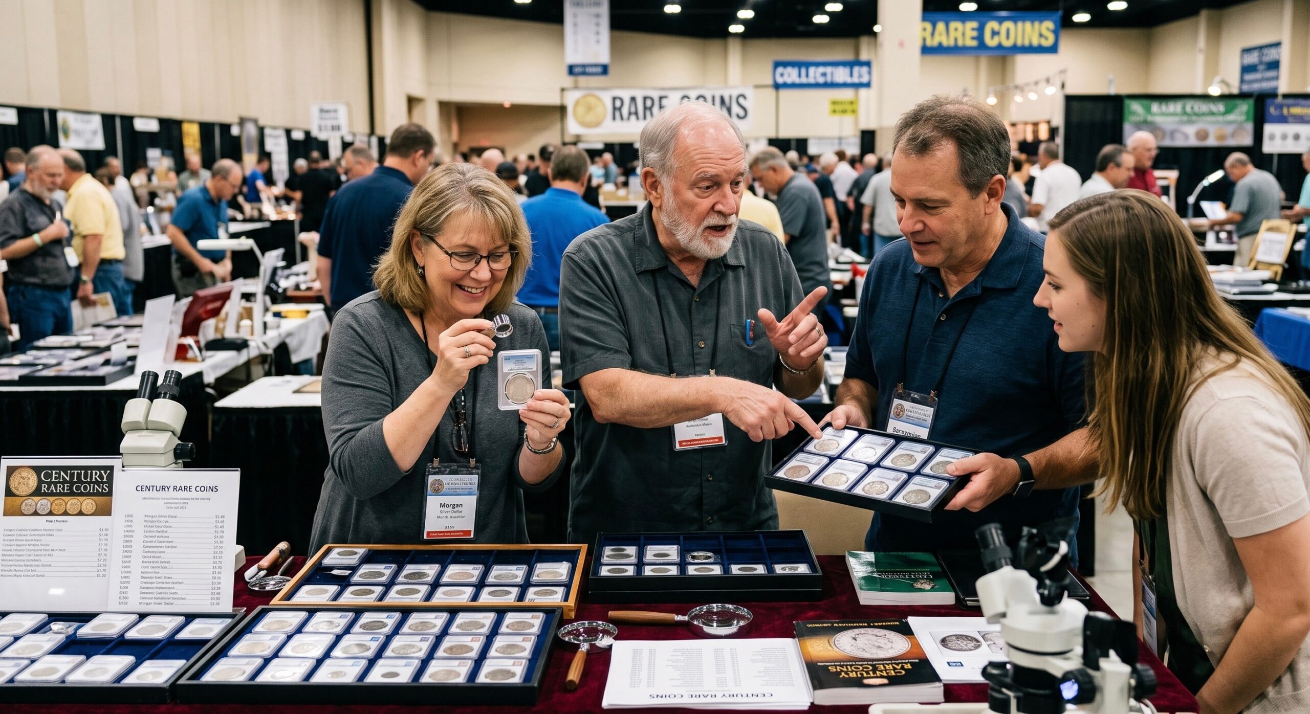 group of coin collectors chatting about coins