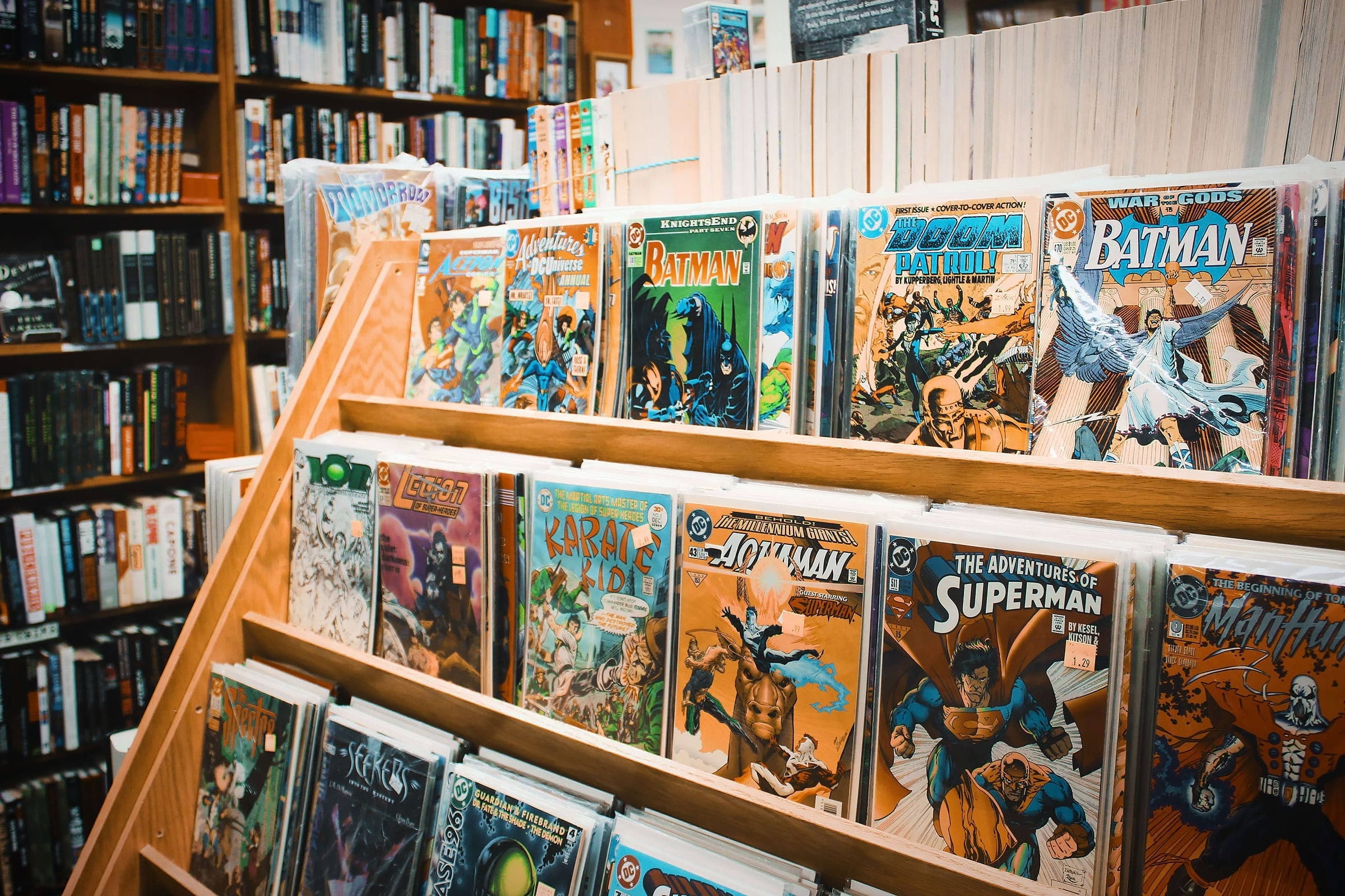 Comic book shelves in a comic shop