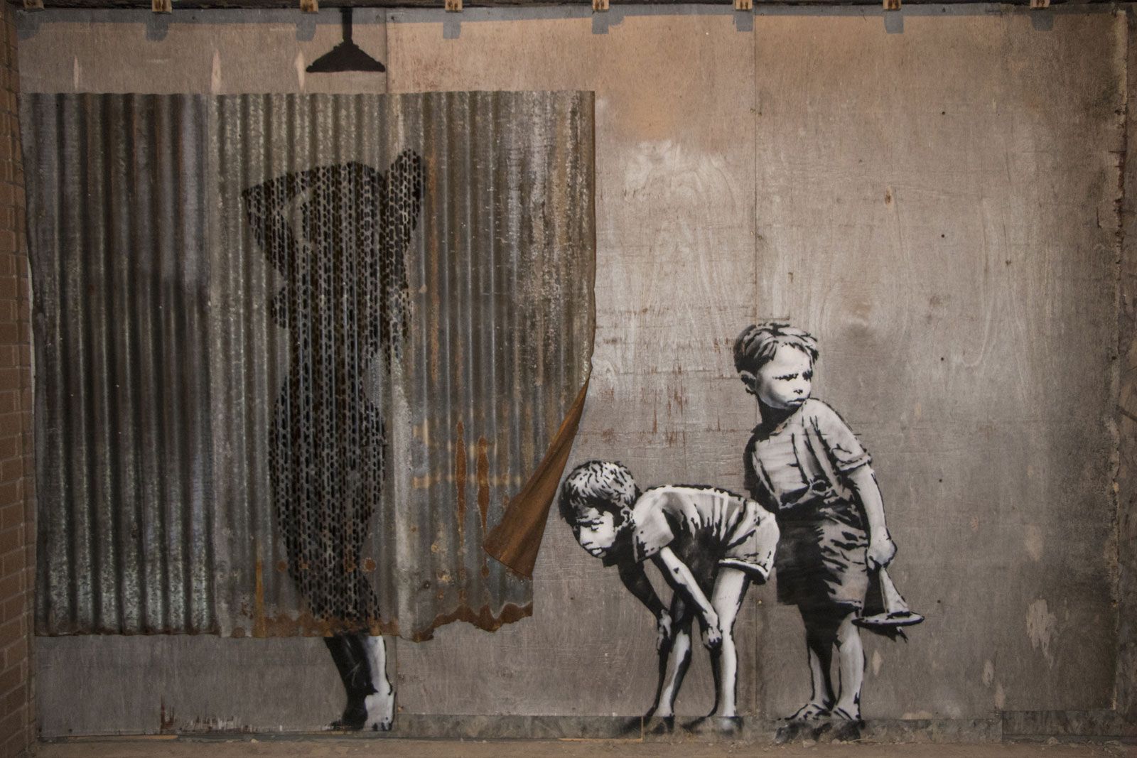 Banksy: Dismaland A mural by Banksy at Dismaland, a temporary art installation in Weston-super-Mare, England, 2015.