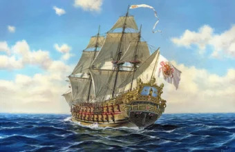A painting of the *San José*, which sank off Cartagena, Colombia, in 1708. Archaeologist Roger Dooley commissioned this illustration based on his research into the galleon. Roger Dooley collection