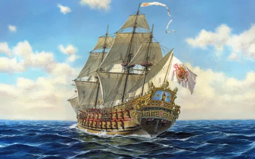 A painting of the *San José*, which sank off Cartagena, Colombia, in 1708. Archaeologist Roger Dooley commissioned this illustration based on his research into the galleon. Roger Dooley collection