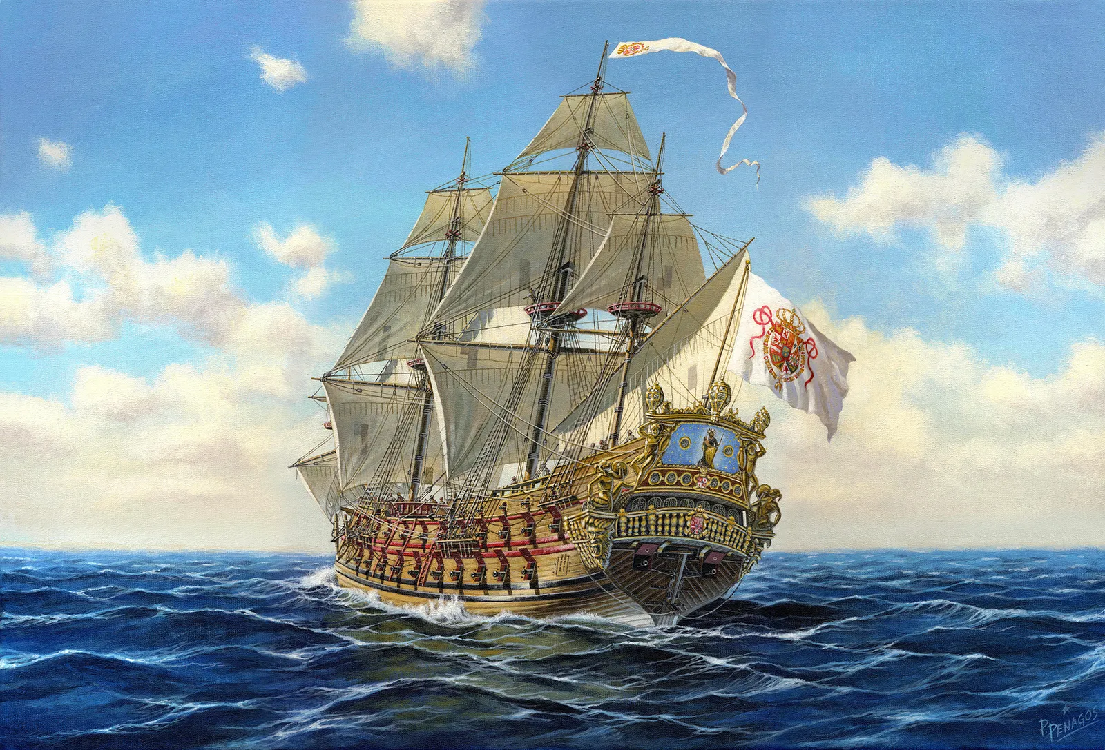 A painting of the *San José*, which sank off Cartagena, Colombia, in 1708. Archaeologist Roger Dooley commissioned this illustration based on his research into the galleon. Roger Dooley collection