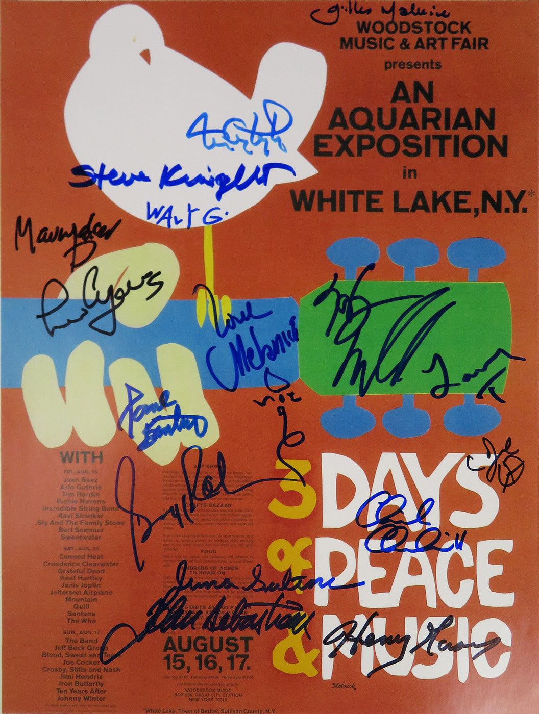 Original signed promotional concert poster for the 1969 Woodstock music festival